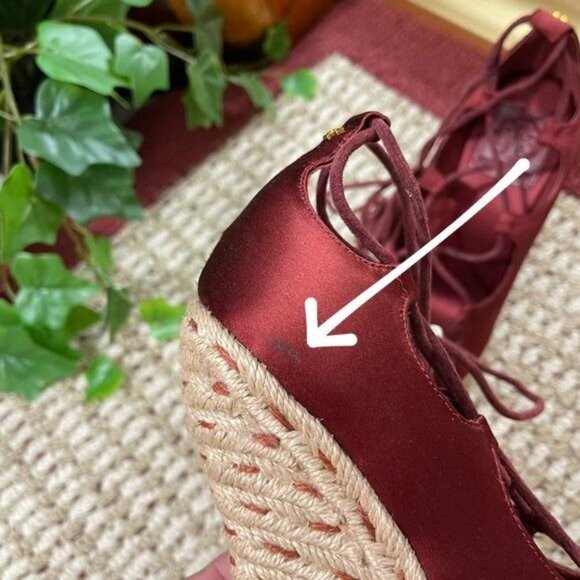 New Tory Burch Red Pompom-embellished Lace-up Satin Wedge Espadrilles Merlot 7 - Picture 10 of 16